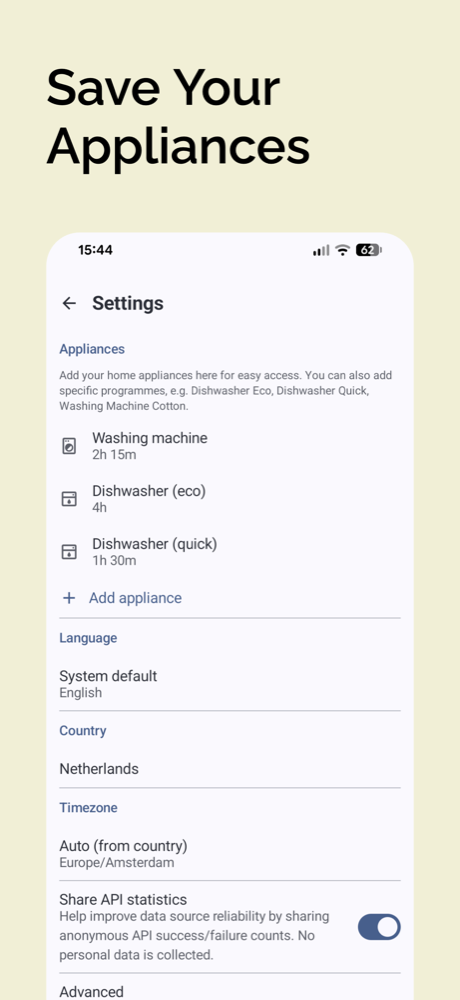 Οθόνη ρυθμίσεων με αποθηκευμένες συσκευές, γλώσσα, χώρα και ζώνη ώρας