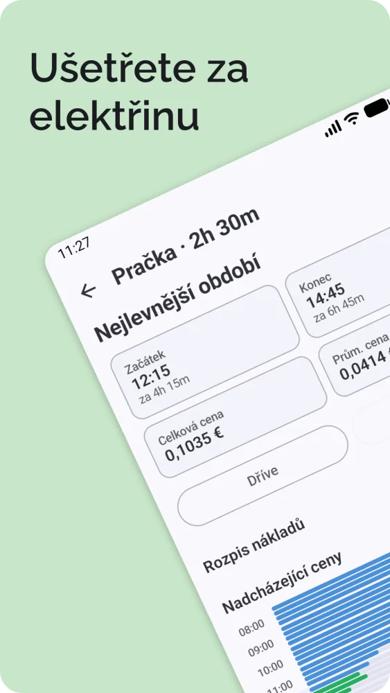 Výsledek nejlevnějšího období s časem začátku, celkovou cenou a rozpisem nákladů