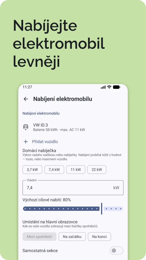 Nabíjení elektromobilu: aktuální a cílové nabití s vypočítaným časem nabíjení