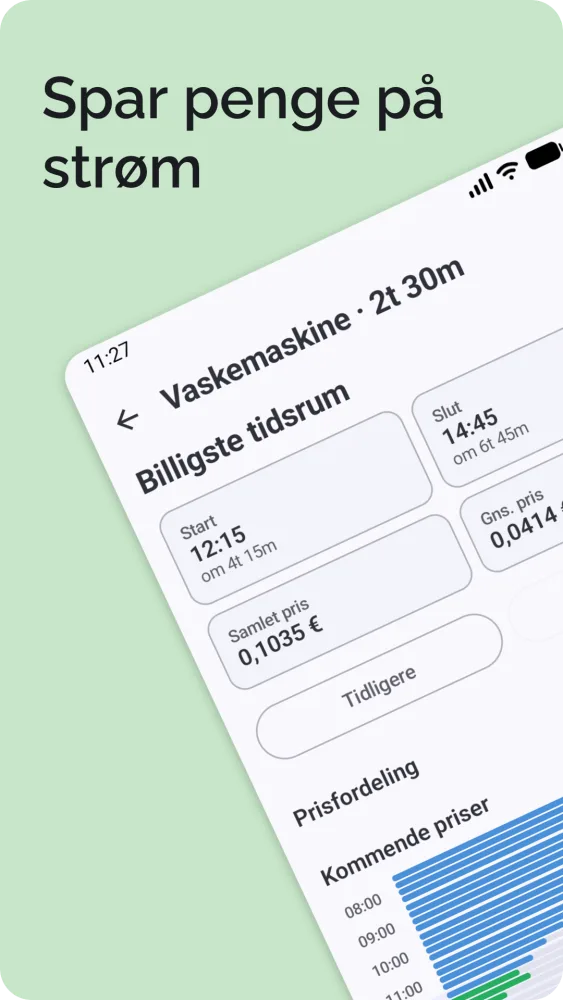 Resultat for billigste tidsrum med starttid, samlet pris og prisfordeling