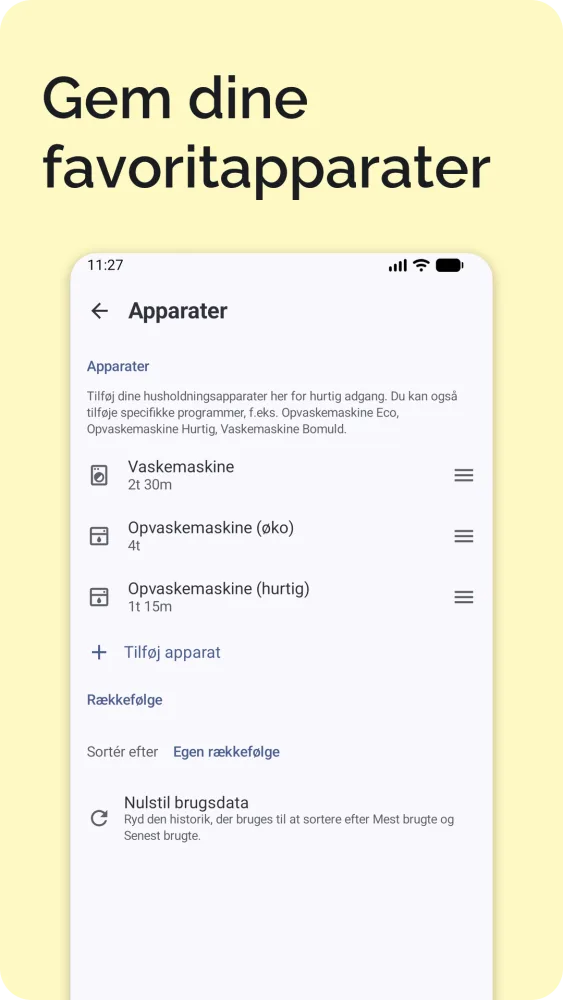 Indstillingsskærm med gemte apparater, elbilopladning, sprog, land og tidszone