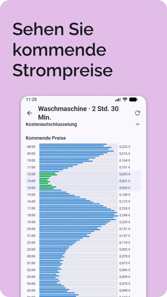 Kommende Strompreise als waagerechtes Balkendiagramm