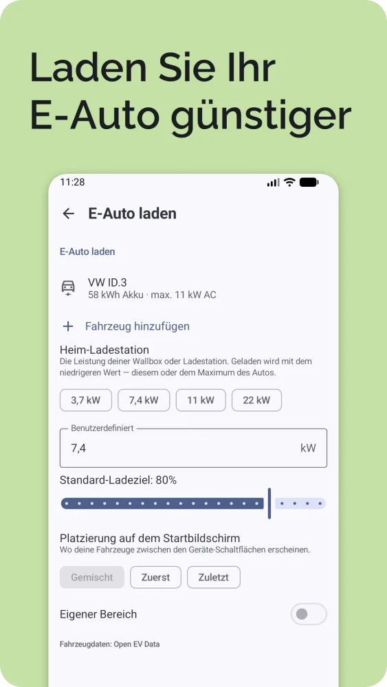 E-Auto laden: aktueller und gewünschter Ladestand mit der berechneten Ladezeit