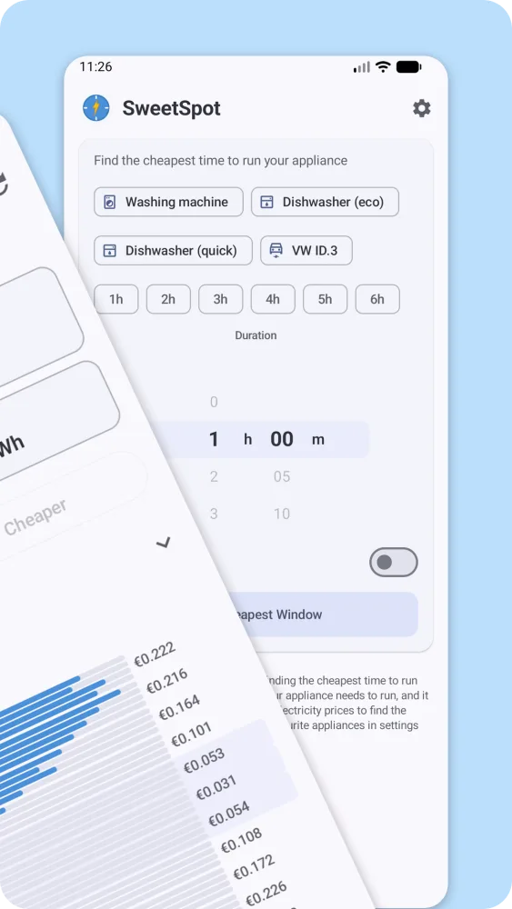 Home screen with appliance chips, duration picker, and Find button