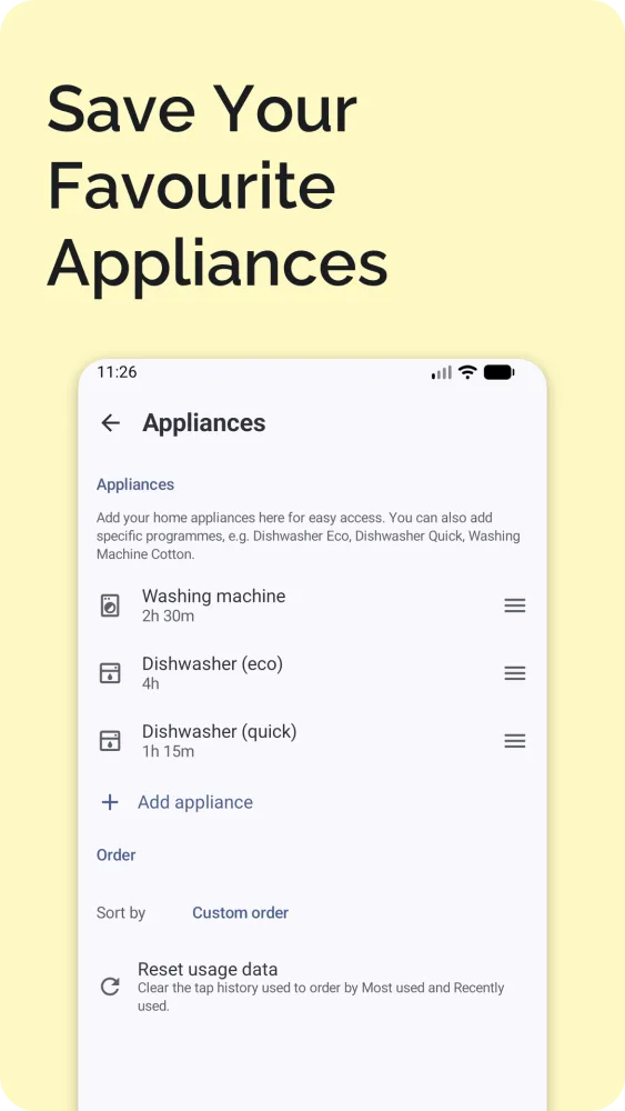 Settings screen with saved appliances, EV charging, language, country, and timezone