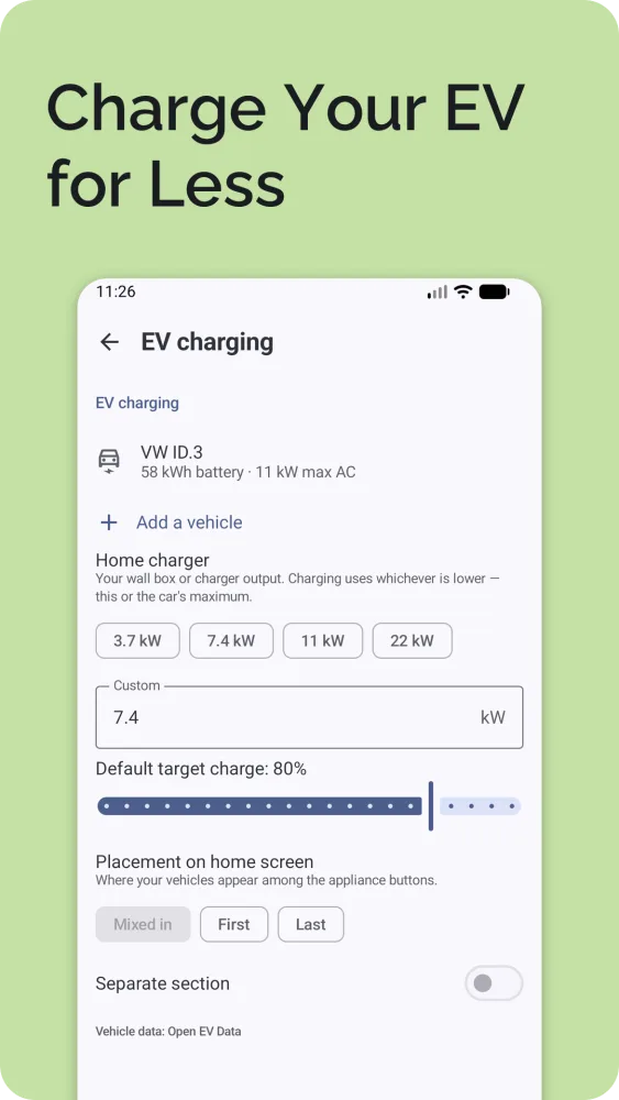 EV charging: current and target charge with the calculated charging time