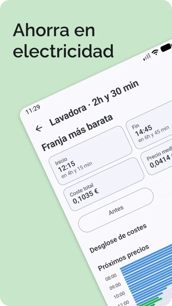 Resultado de la franja más barata con hora de inicio, coste total y desglose de costes