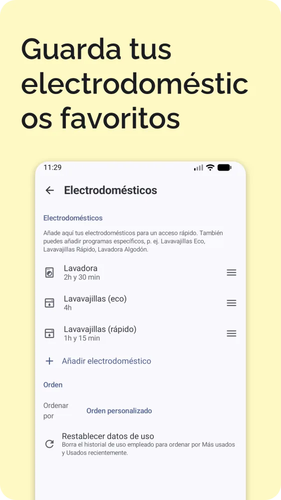 Pantalla de ajustes con electrodomésticos guardados, carga de VE, idioma, país y zona horaria