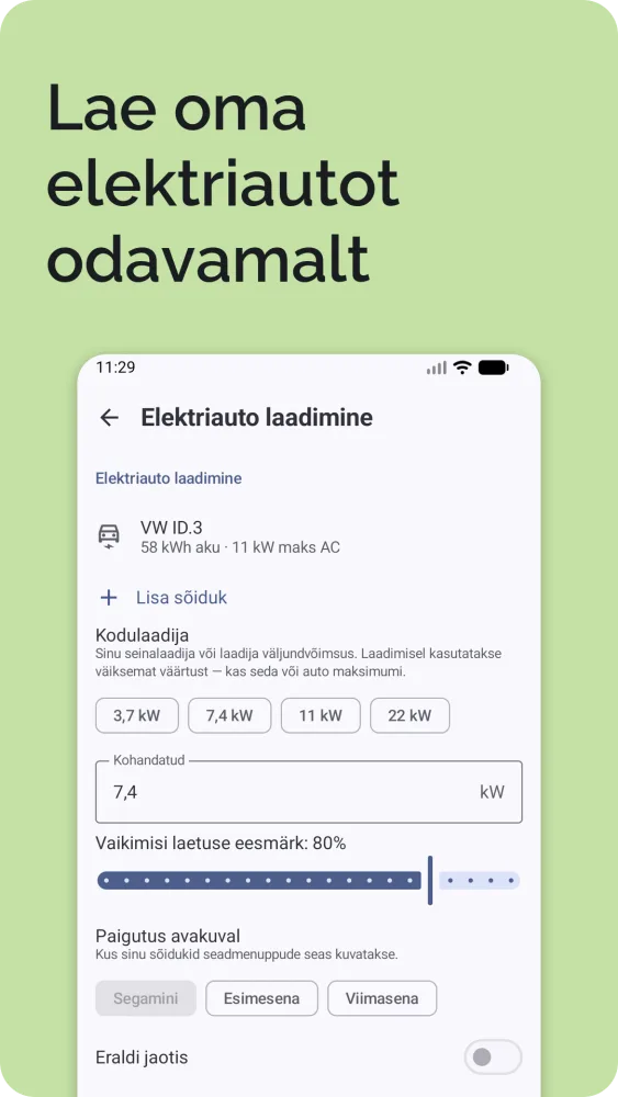 Elektriauto laadimine: praegune ja soovitud laetus koos arvutatud laadimisajaga