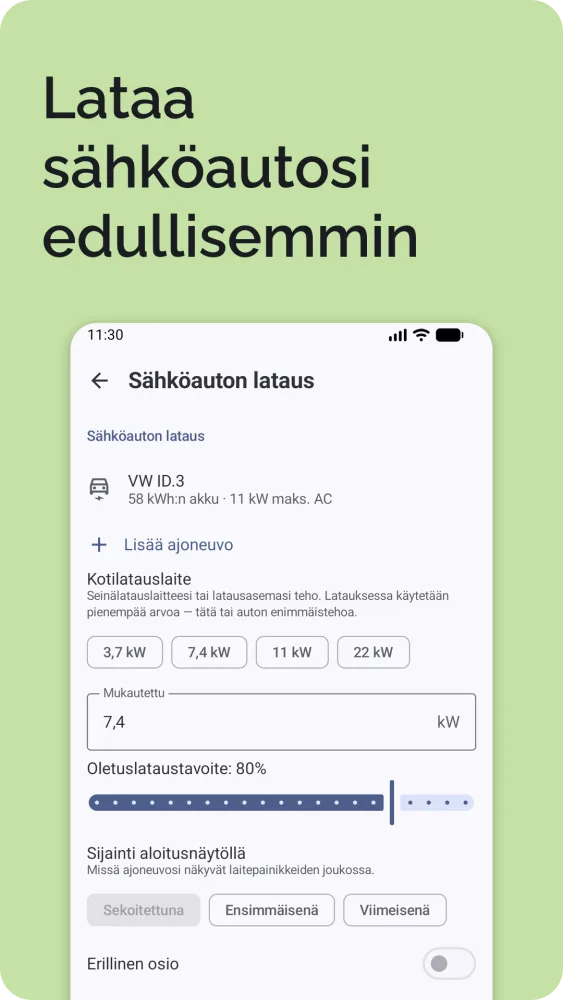 Sähköauton lataus: nykyinen ja tavoitevaraus sekä laskettu latausaika