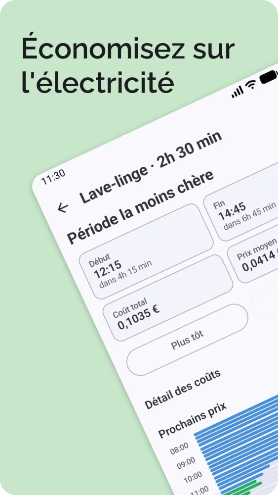 Résultat de la période la moins chère avec heure de début, coût total et détail des coûts