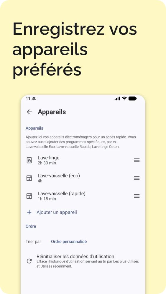 Écran des paramètres avec appareils enregistrés, recharge de VE, langue, pays et fuseau horaire