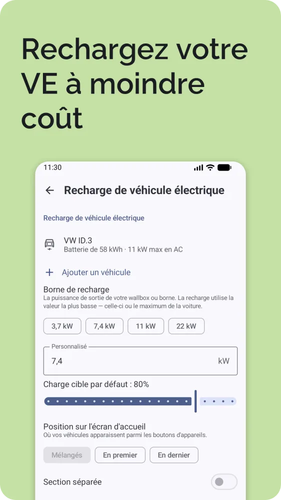 Recharge de VE : charge actuelle et cible avec le temps de recharge calculé