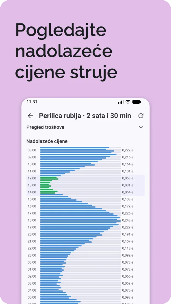 Nadolazeće cijene struje kao vodoravni stupčasti grafikon