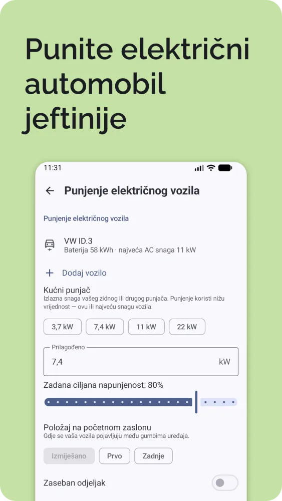 Punjenje električnog automobila: trenutna i ciljana napunjenost s izračunatim vremenom punjenja