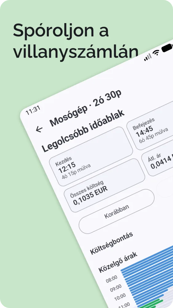 A legolcsóbb időablak eredménye kezdési idővel, összköltséggel és költségbontással
