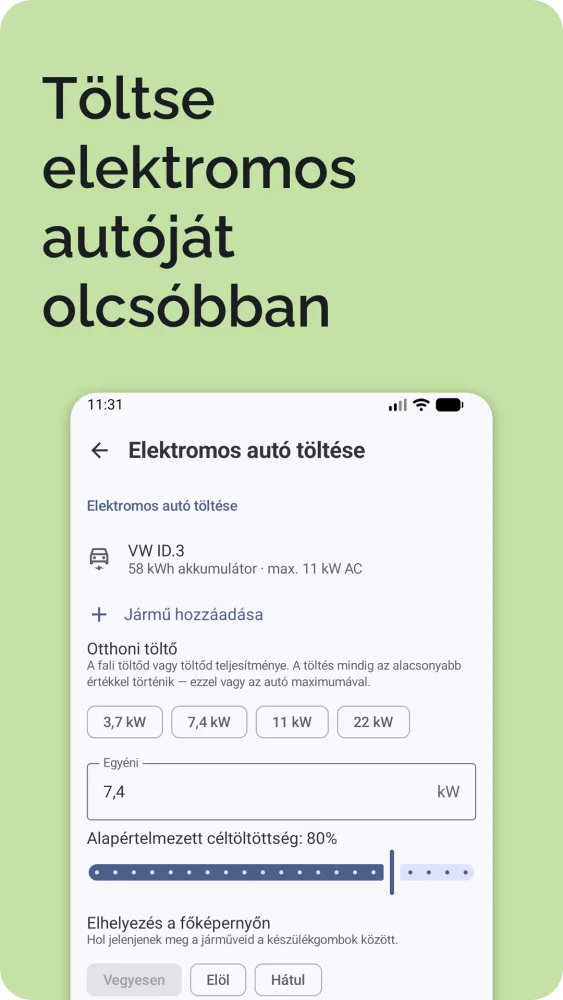Elektromos autó töltése: aktuális és cél töltöttség a kiszámított töltési idővel