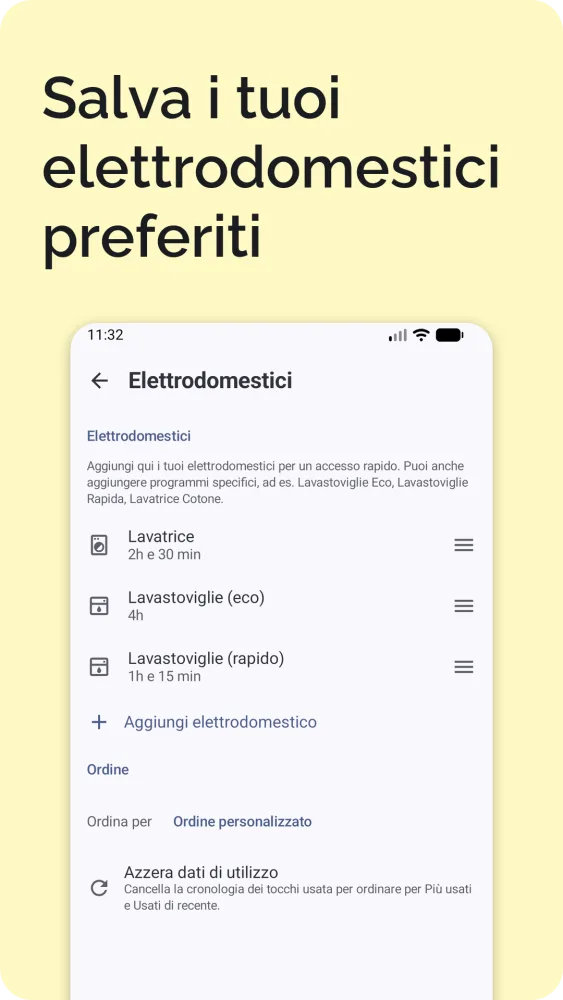 Schermata impostazioni con elettrodomestici salvati, ricarica auto elettrica, lingua, paese e fuso orario