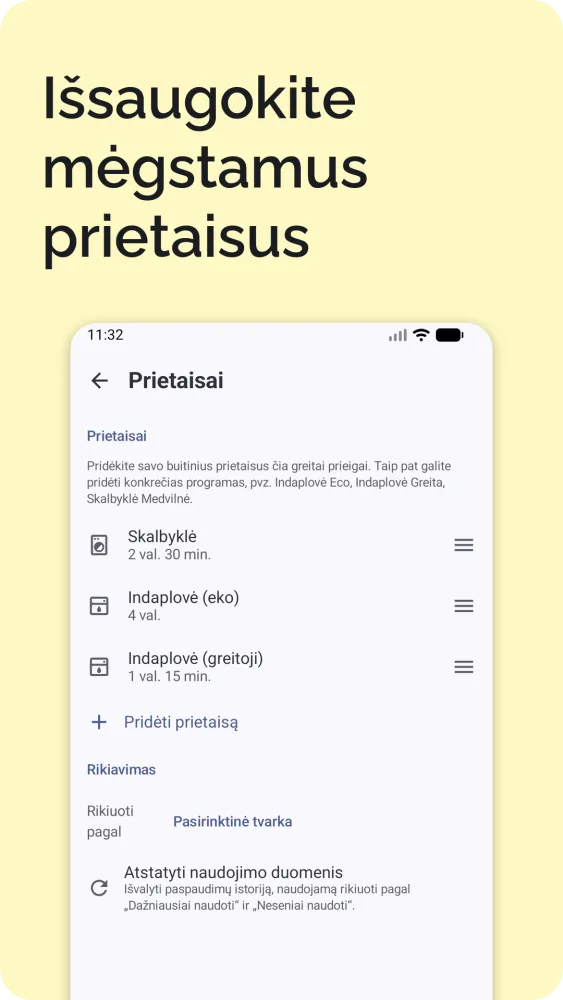 Nustatymų ekranas su išsaugotais prietaisais, elektromobilio įkrovimu, kalba, šalimi ir laiko juosta