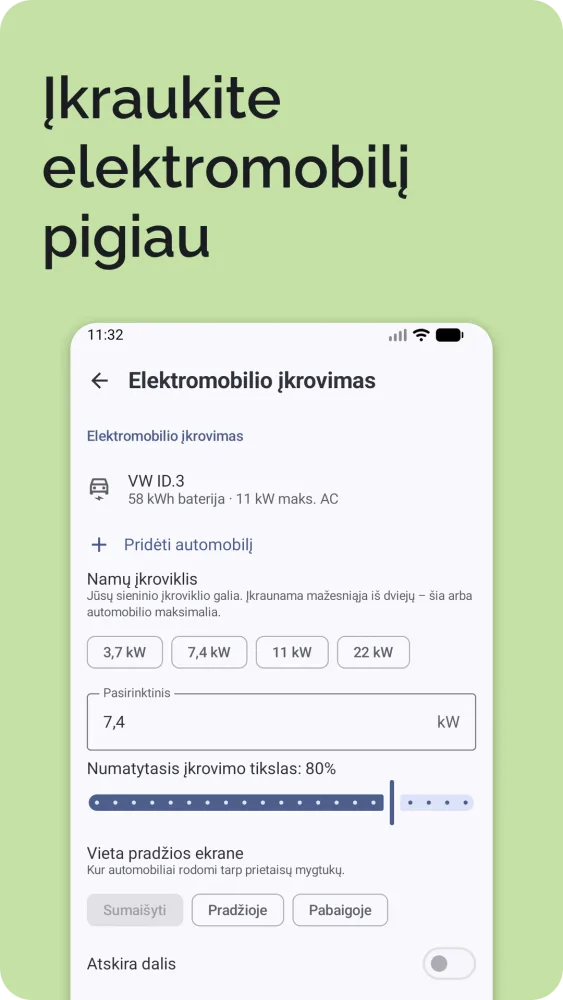 Elektromobilio įkrovimas: dabartinis ir norimas įkrovos lygis su apskaičiuotu įkrovimo laiku