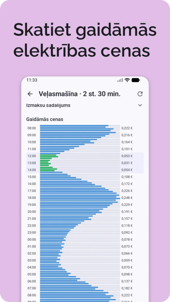 Gaidāmās elektrības cenas horizontālā joslu diagrammā