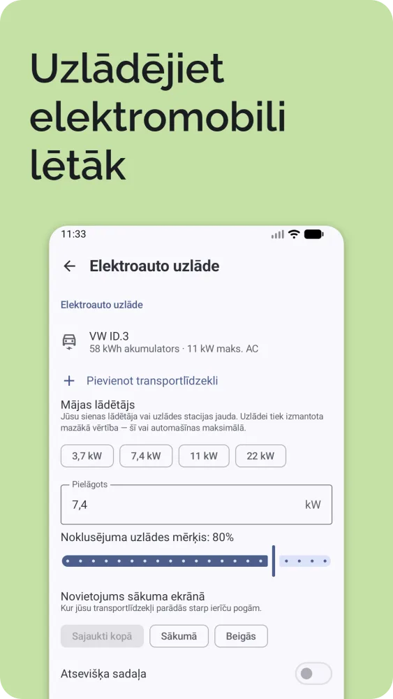 Elektromobiļa uzlāde: pašreizējais un mērķa uzlādes līmenis ar aprēķināto uzlādes laiku