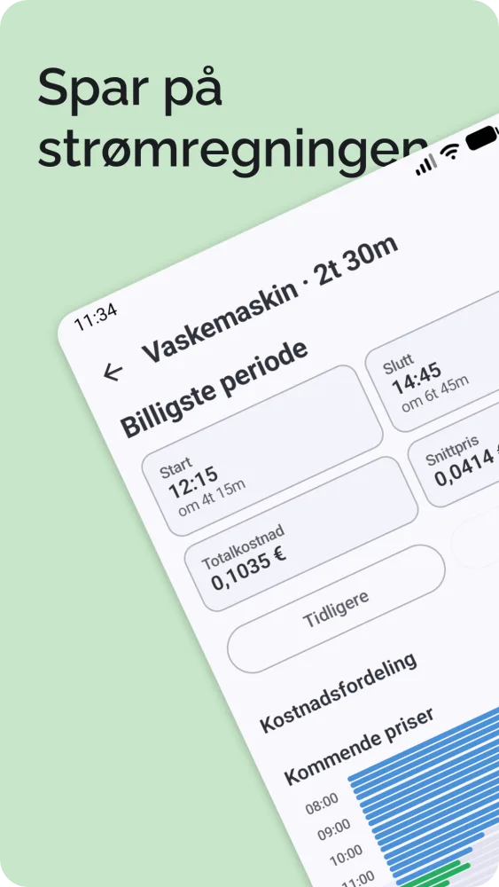 Resultat for billigste periode med starttid, totalkostnad og kostnadsfordeling