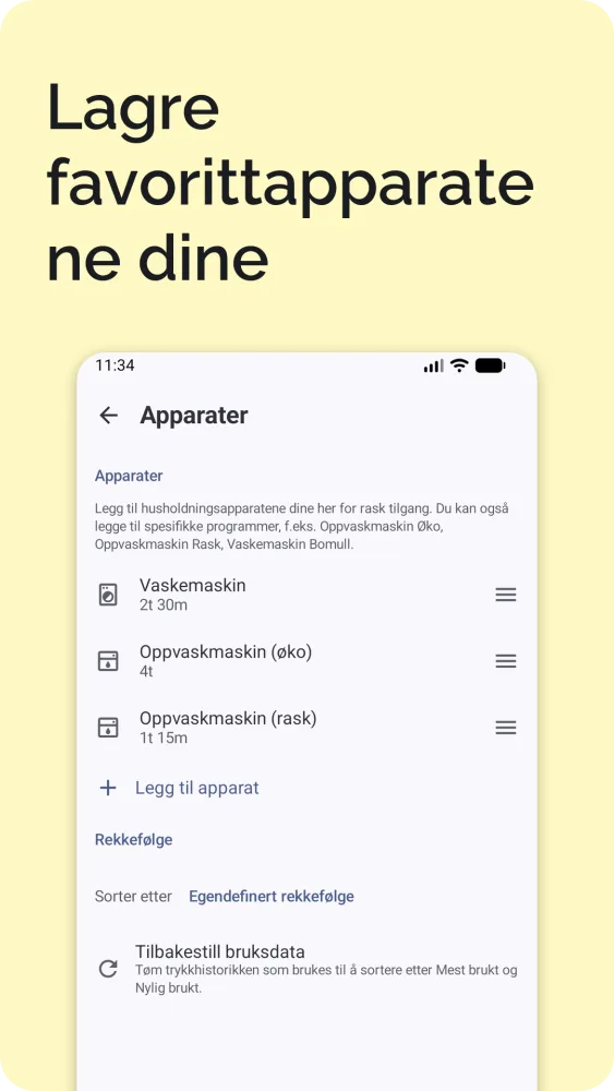 Innstillinger med lagrede apparater, elbillading, språk, land og tidssone