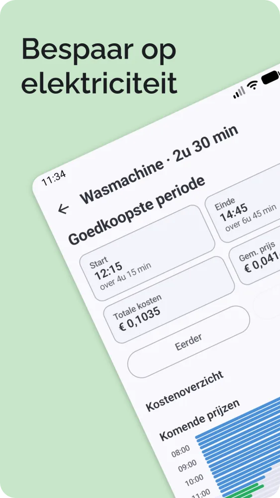 Resultaat van de goedkoopste periode met starttijd, totale kosten en kostenoverzicht