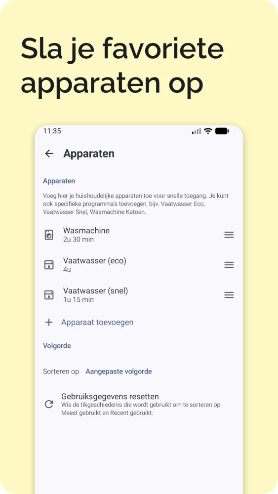 Instellingen met opgeslagen apparaten, elektrisch laden, taal, land en tijdzone