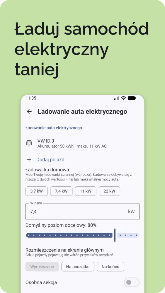 Ładowanie auta elektrycznego: obecny i docelowy poziom z obliczonym czasem ładowania