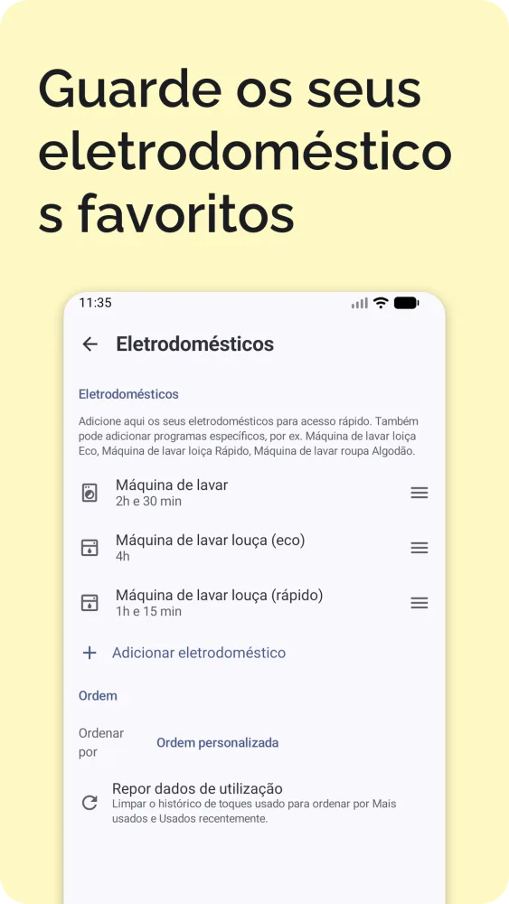 Ecrã de definições com eletrodomésticos guardados, carregamento de VE, idioma, país e fuso horário