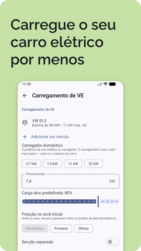 Carregamento de VE: carga atual e pretendida com o tempo de carregamento calculado