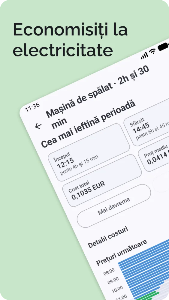 Rezultatul celei mai ieftine perioade cu ora de start, costul total și detalii costuri