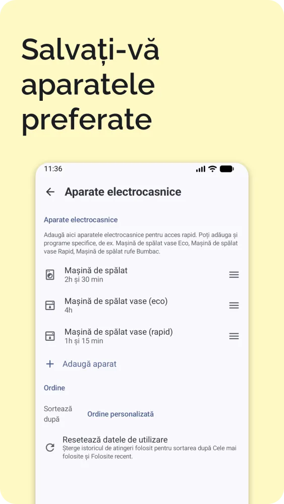 Ecran de setări cu aparate salvate, încărcare mașină electrică, limbă, țară și fus orar