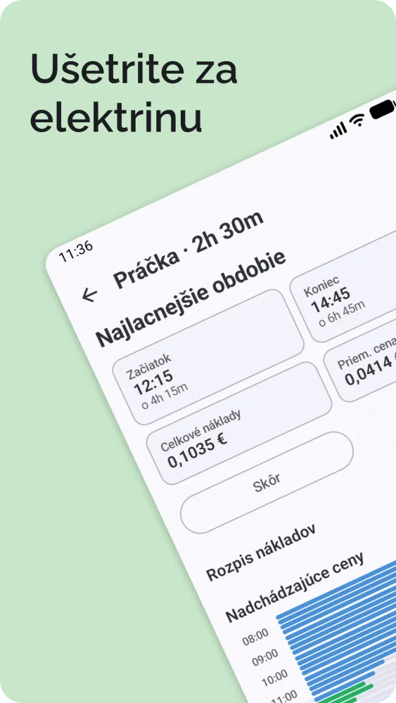 Výsledok najlacnejšieho obdobia so začiatočným časom, celkovými nákladmi a rozpisom nákladov