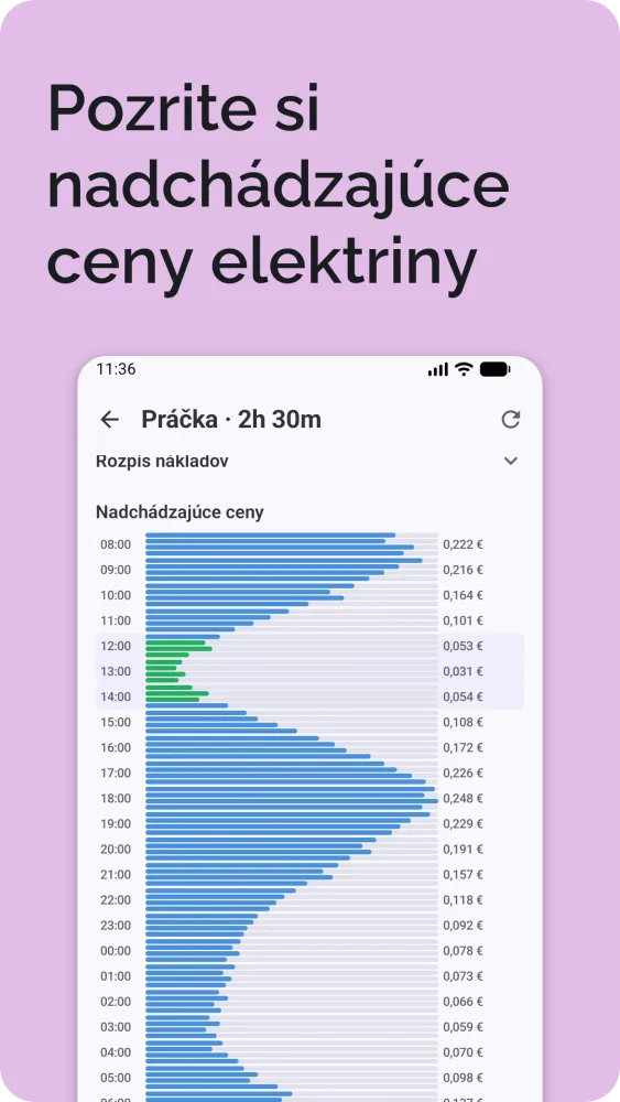 Nadchádzajúce ceny elektriny ako vodorovný stĺpcový graf