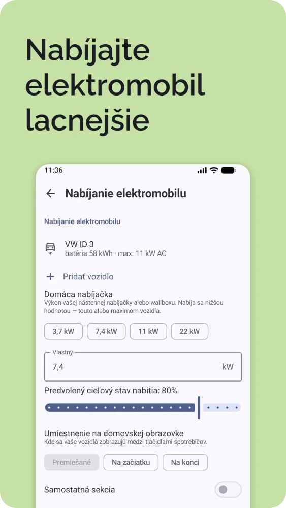 Nabíjanie elektromobilu: aktuálne a cieľové nabitie s vypočítaným časom nabíjania