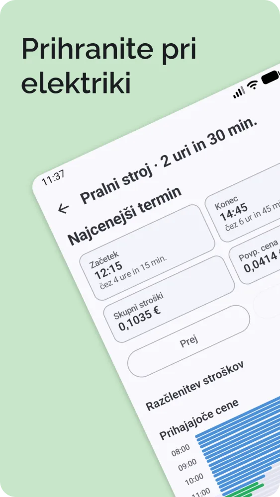Rezultat najcenejšega termina z začetnim časom, skupnimi stroški in razčlenitvijo stroškov