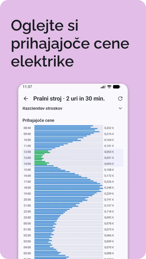 Prihajajoče cene električne energije kot vodoravni stolpčni grafikon