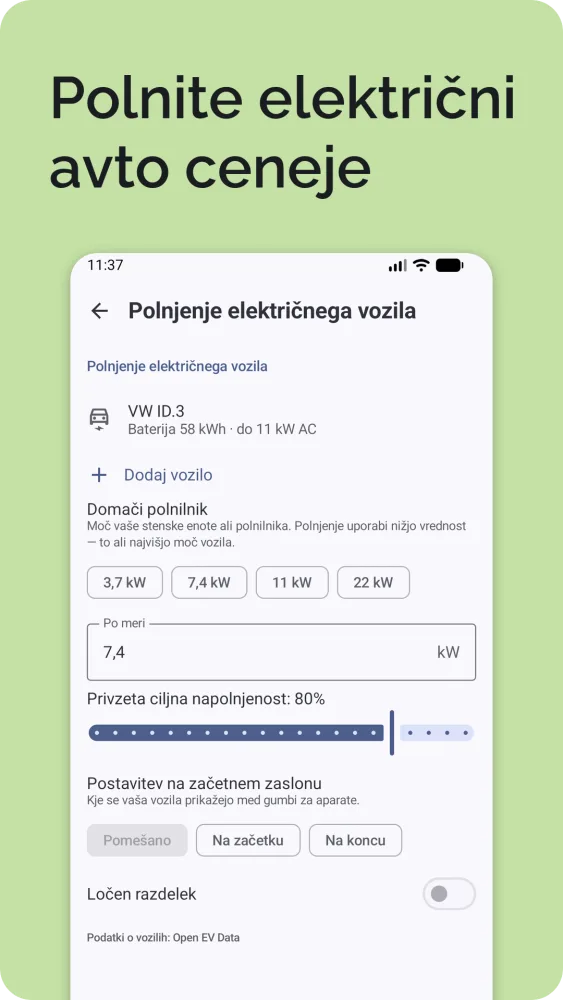 Polnjenje električnega vozila: trenutna in ciljna napolnjenost z izračunanim časom polnjenja