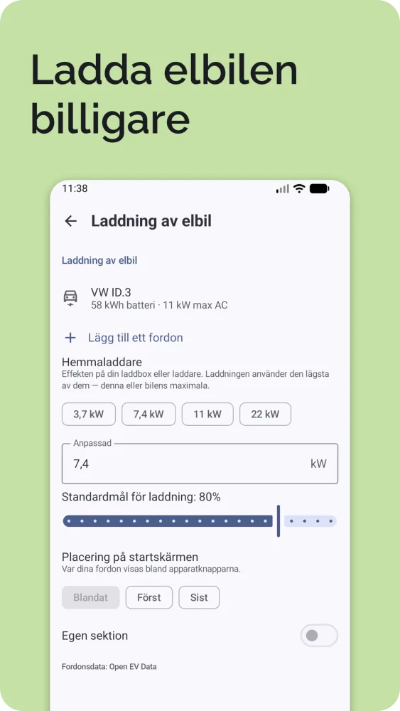 Elbilsladdning: nuvarande och önskad laddning med beräknad laddtid